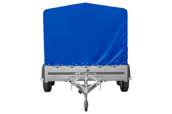 Przyczepka dwuosiowa 264x150 UNITRAILER GARDEN 265/2 KIPP ze stelażem H-1100 i pokrowcem niebieskim