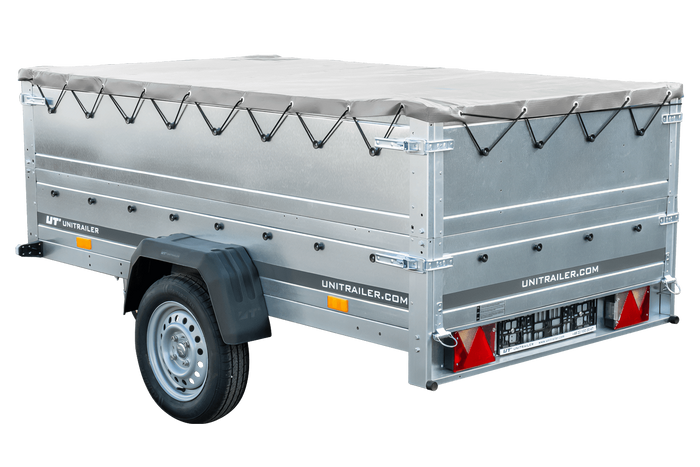 Przyczepka jednoosiowa 230x125 UNITRAILER GARDEN 230 KIPP z burtami BIS, stelażem H-0 i pokrowcem szarym