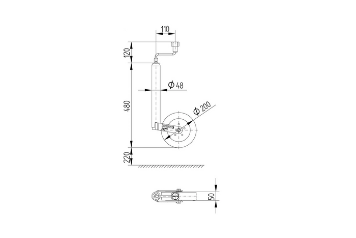 Koło podporowe z klemą obejmą żeliwną KNOTT TK48+LBG48 150kg 48mm 480-700mm