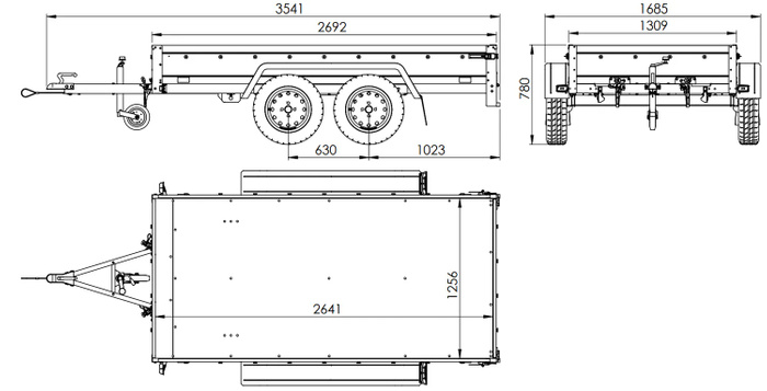 Przyczepka dwuosiowa 264x125 UNITRAILER GARDEN 264/2 KIPP ze stelażem H-800 i pokrowcem szarym