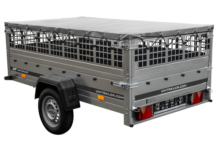 Przyczepka samochodowa 230x125 UNITRAILER GARDEN 230 KIPP z burtami siatkowymi i pokrowcem szarym