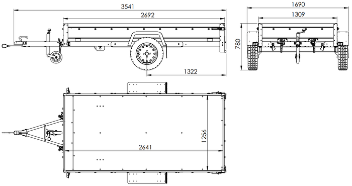 Przyczepka lekka 264x125 UNITRAILER GARDEN 264 KIPP z burtami BIS, stelażem H-800 i pokrowcem szarym