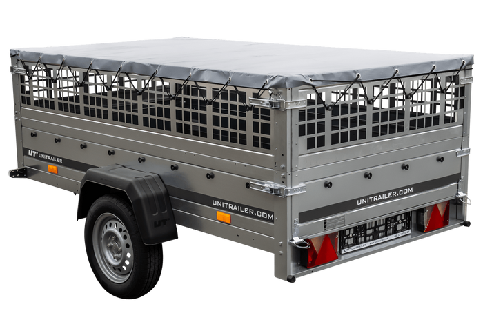 Przyczepka jednoosiowa 230x125 UNITRAILER GARDEN 230 KIPP z burtami siatkowymi, stelażem H-0 i pokrowcem szarym