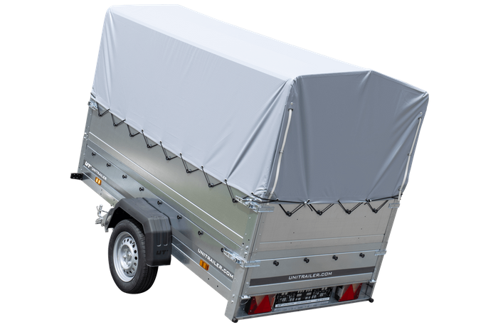 Przyczepka samochodowa 230x125 UNITRAILER GARDEN 230 KIPP z burtami BIS, stelażem H-800 i pokrowcem szarym