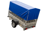Przyczepka jednoosiowa 230x125 UNITRAILER GARDEN 230 KIPP z burtami siatkowymi, stelażem H-800 i plandeką niebieską