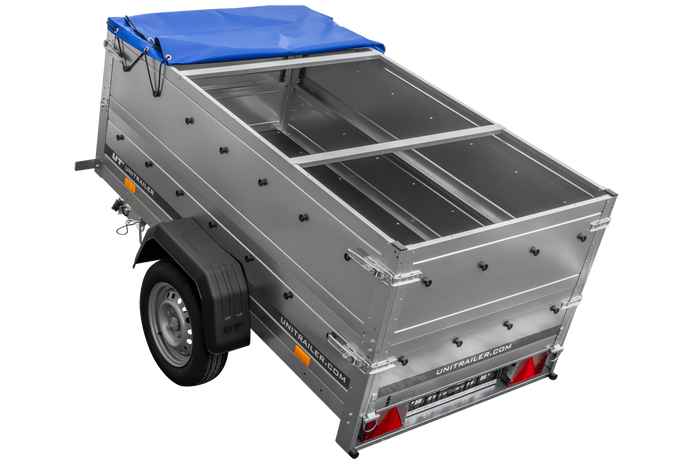 Przyczepka samochodowa 200x106 UNITRAILER GARDEN 200 KIPP z burtami BIS, stelażem H-0 i pokrowcem niebieskim