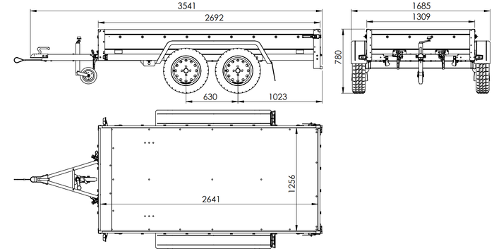 Przyczepka dwuosiowa 264x125 UNITRAILER GARDEN 264/2 KIPP ze stelażem H-0 i plandeką niebieską