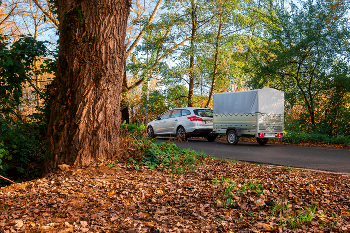 Przyczepka samochodowa 230x125 UNITRAILER GARDEN 230 KIPP z burtami BIS, stelażem H-800 i pokrowcem szarym